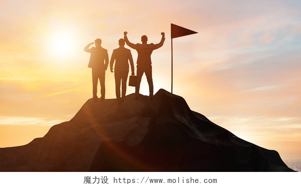 三个登上高山举起旗的年轻人在成就和团队合作理念方面的商人